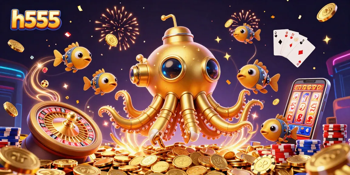Bet on h555 with a golden kraken submarine and mechanical fish amidst coins and casino elements.