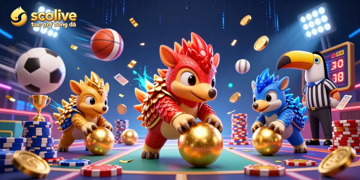 Engage in exciting soccer betting with socolive trực tiếp bóng đá, featuring dynamic pangolin rivals amidst vibrant sports elements.