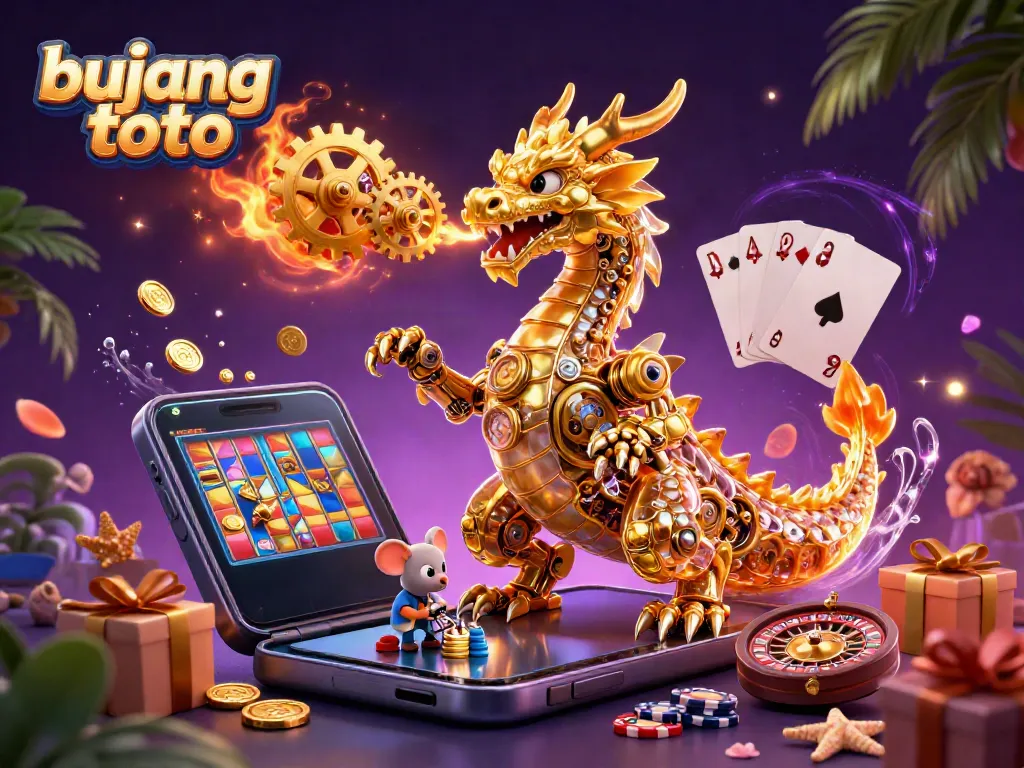 Experience engaging action with bujang toto in a vibrant 3D casino scene filled with colorful slots, golden coins, and exciting gaming elements.
