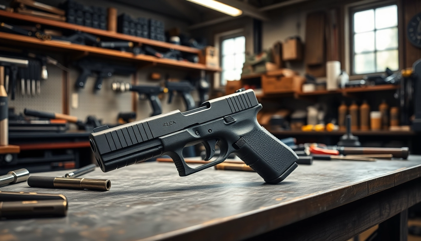 Examine Glock 17 slide OEM displayed in a professional gunsmith workshop with tools and accessories.