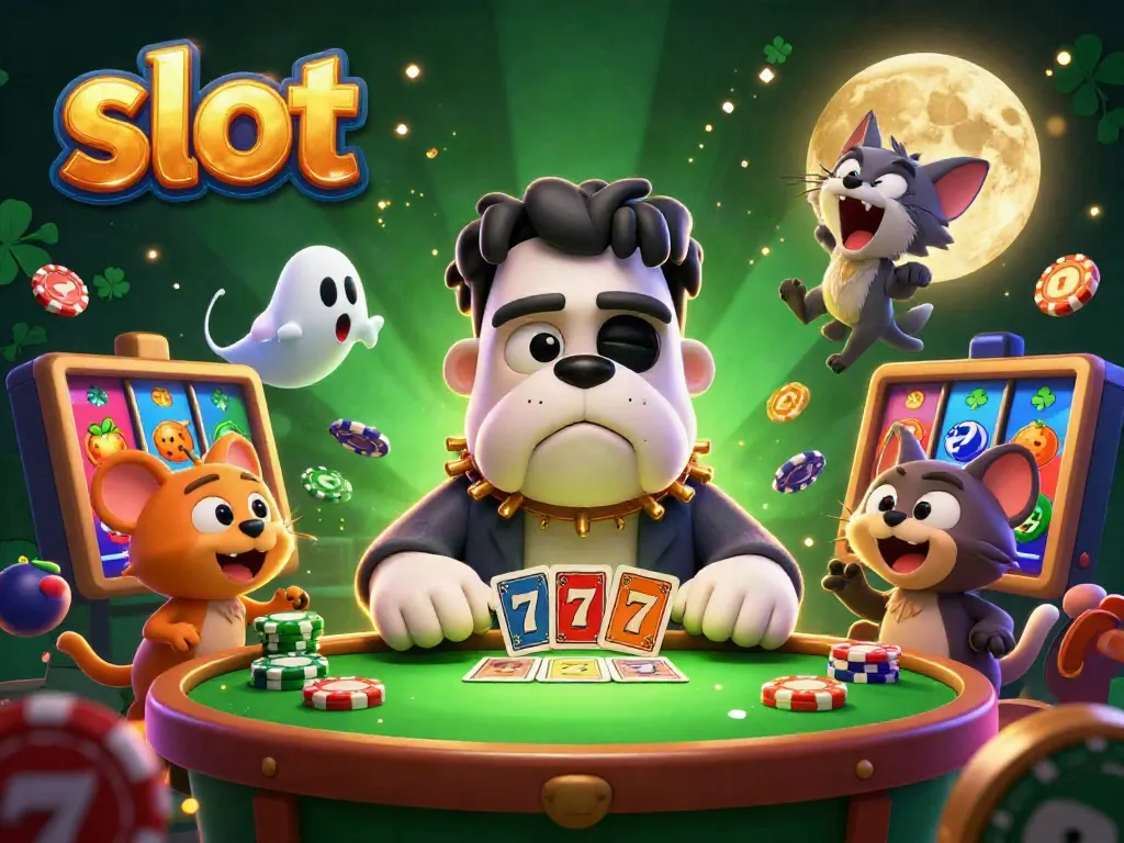 Spin and win at the slot table with a lively cartoon scene featuring unique characters like a bulldog dealer and ghost mouse.