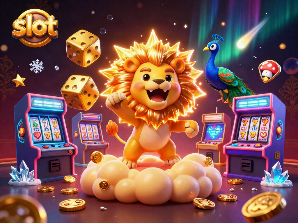Engage with thrilling slots in a vibrant casino-themed illustration with a roaring lion and golden dice.