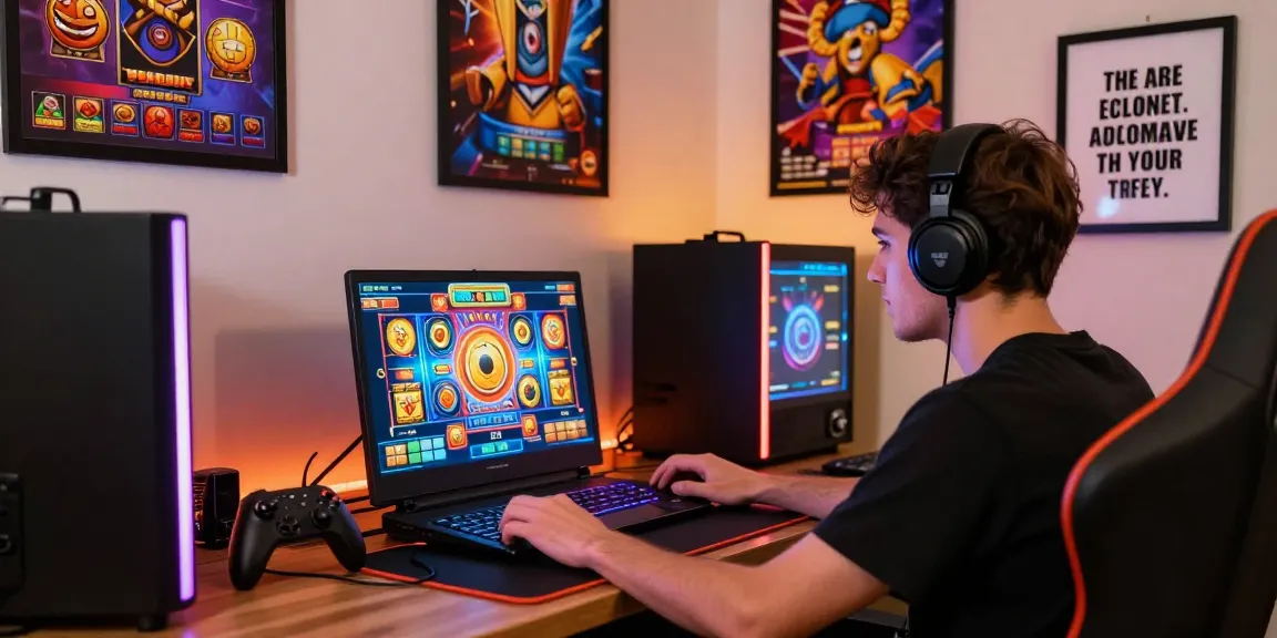 Player enjoying situs raja slot games on a vibrant gaming setup, showcasing excitement.
