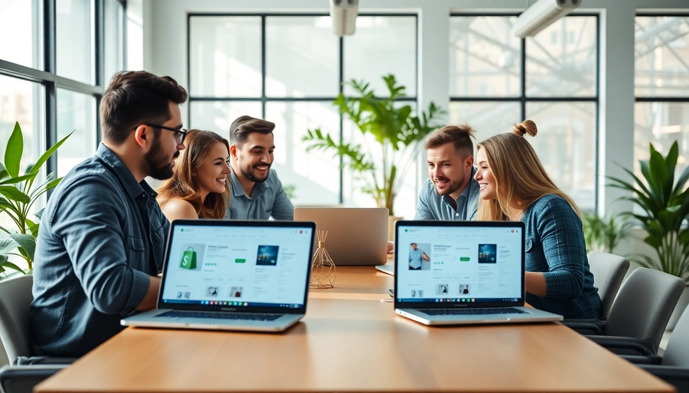 Showcase of a Premium Shopify agency team collaborating on web design in a bright office setting.