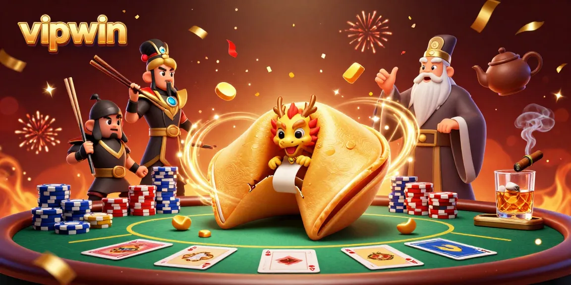 Engage with vipwin through magical poker dreams, featuring a golden fortune cookie and wisdom dragons.