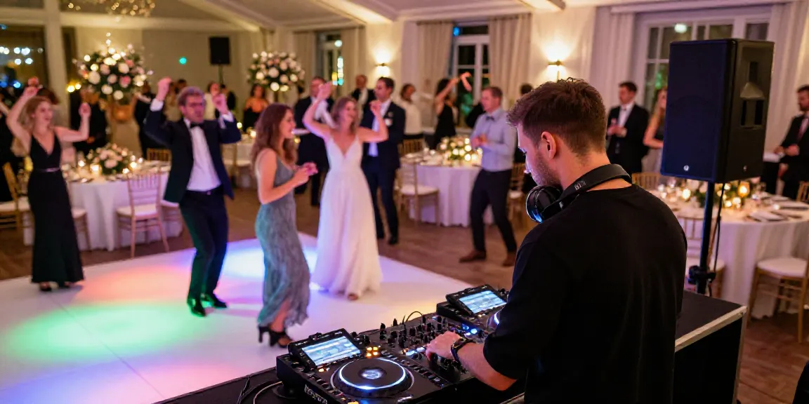 hochzeit DJ berlin brandenburg creating a lively wedding atmosphere with guests dancing and vibrant lighting