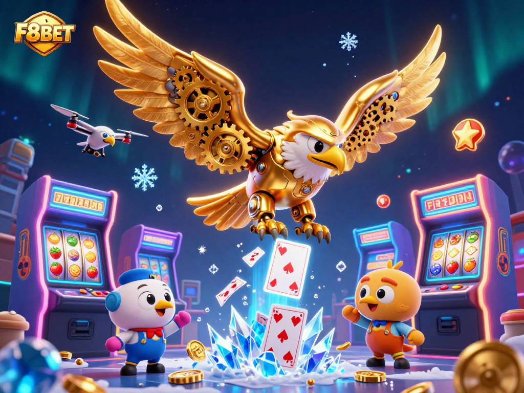 Experience vibrant gaming action with F8BET featuring a mechanical eagle and casino elements.