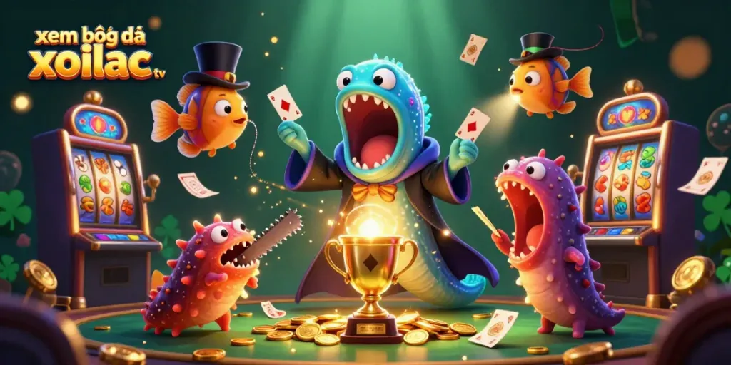 Xem bóng đá xoilac tv showcases a magical gambling scene with lively characters and vibrant slot machines.