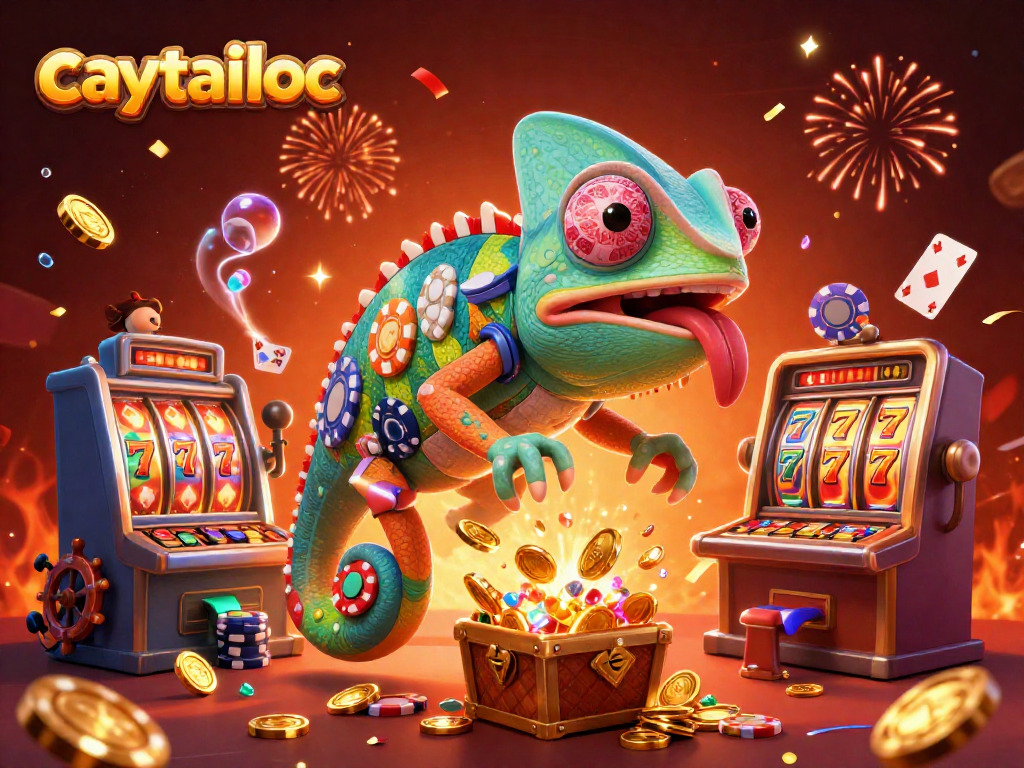 Experience thrilling jackpots with caytailoc in this vibrant 3D casino scene featuring a chameleon owner.