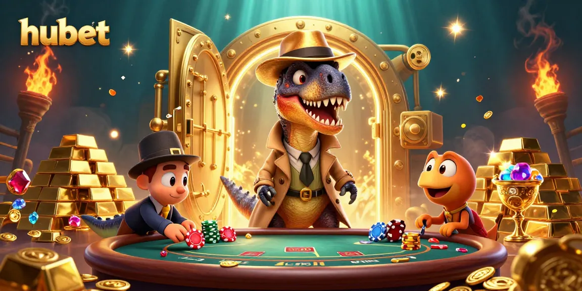 Engage with hubet's vibrant gaming scene featuring a velociraptor card counter and dynamic gambling elements.