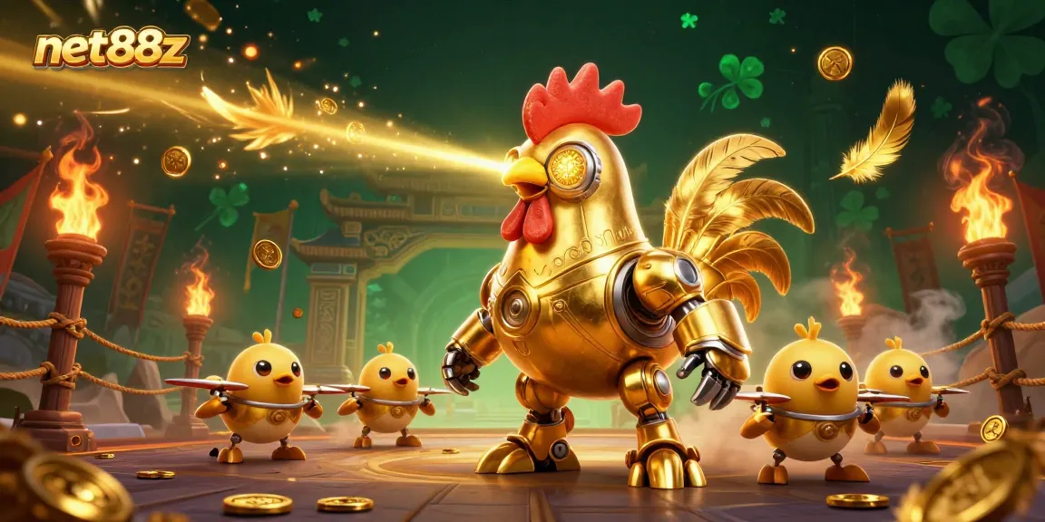 Experience thrilling gameplay with net88z in this vibrant casino-themed illustration featuring a heroic rooster.