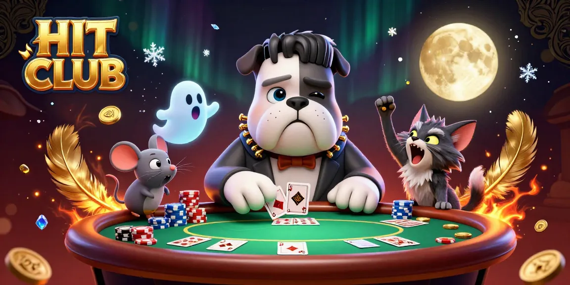 Hit Club poker scene with a Frankenstein bulldog, ghost mouse, and werewolf kitten in 3D