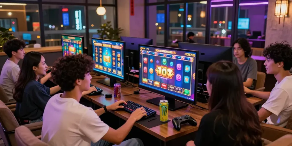 Engaging group playing slot demo games illustrating slot gacor hari ini in a modern gaming lounge.