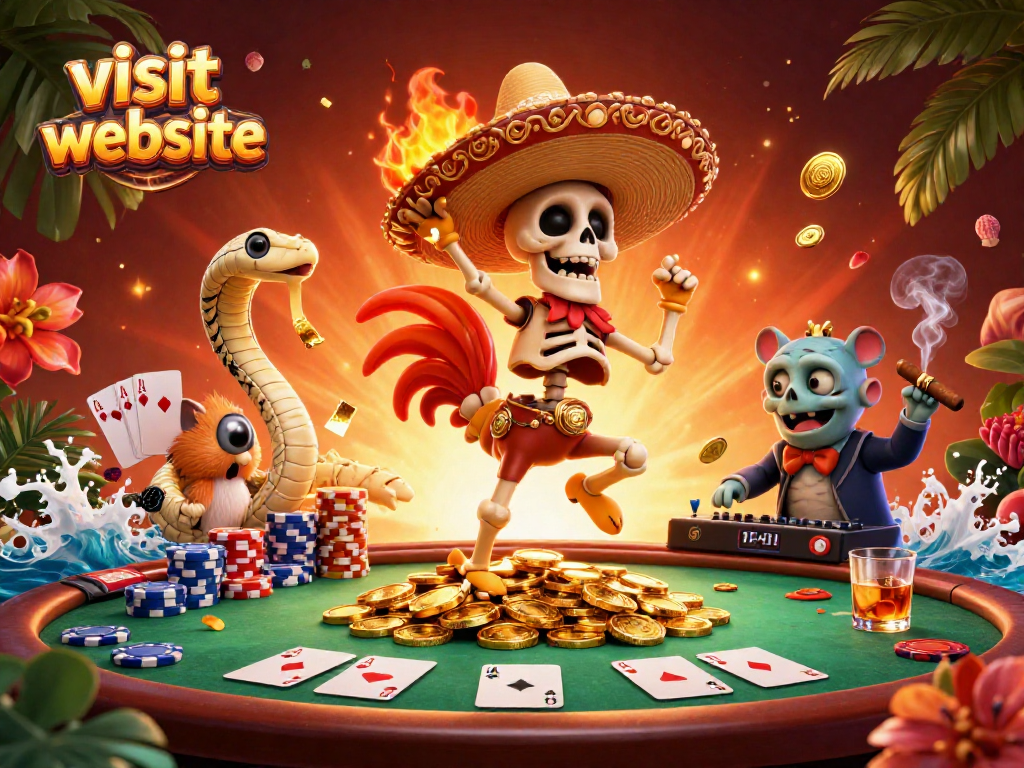 Visit website for exciting casino action, featuring vibrant characters like a mariachi rooster and poker elements