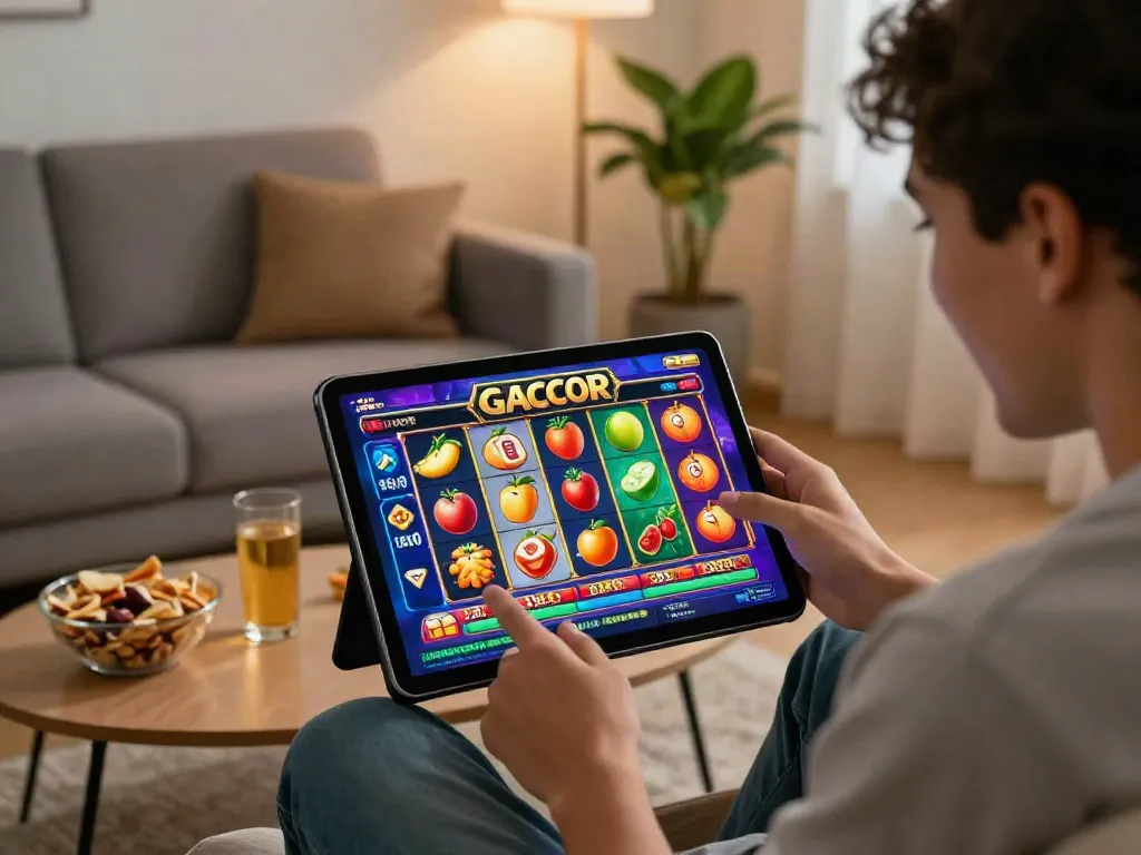 Engaging user playing slot gacor on a tablet in a vibrant living room, showcasing excitement and modern gaming.