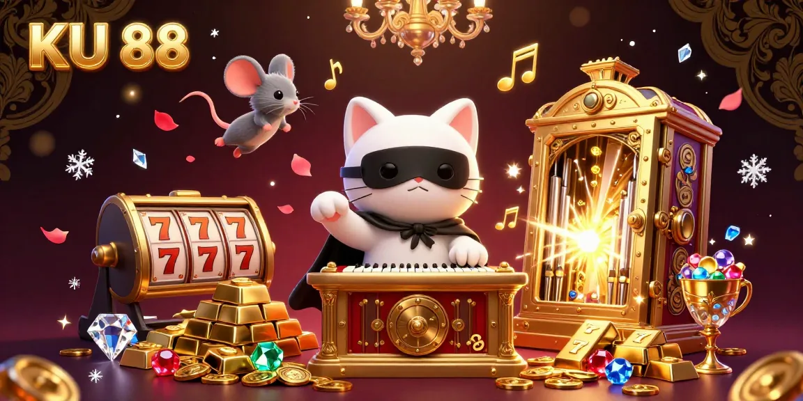 Experience thrilling casino gameplay with KU 88's vibrant fantasy illustration featuring a white cat and acrobat.