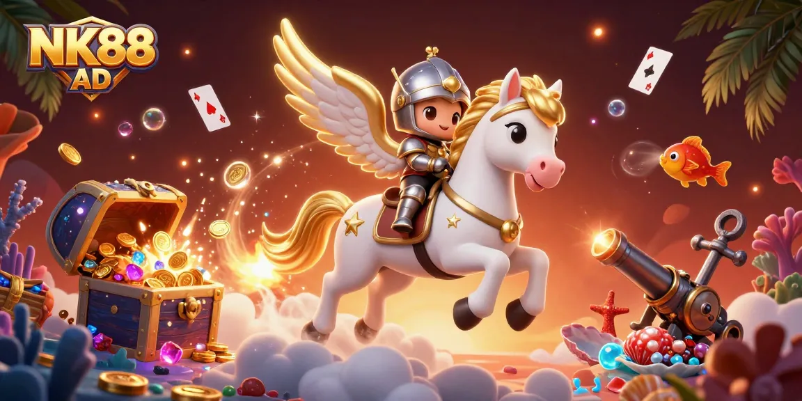Experience the excitement of NK88 AD with a vibrant 3D illustration of a celestial horse and knight amidst gaming treasures.