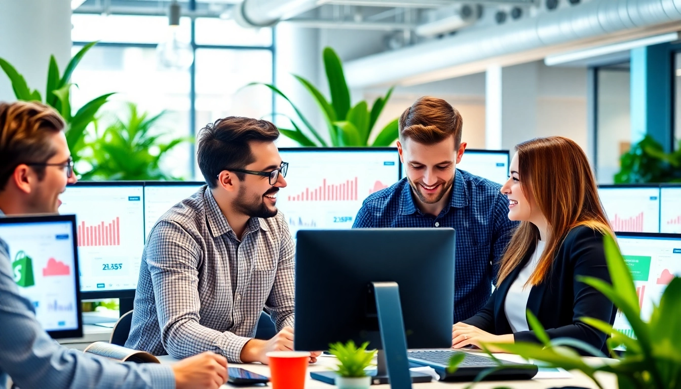 Shopify experts collaborating in a dynamic workspace, highlighting vibrant digital marketing strategies.