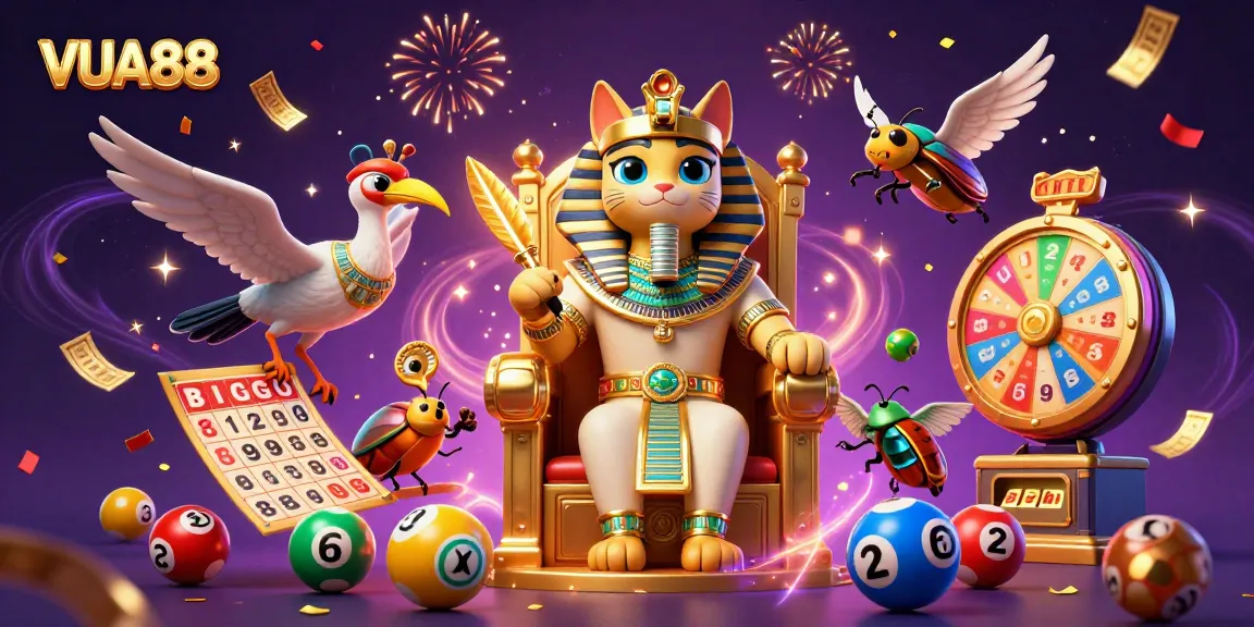 Experience the excitement of VUA88 as the pharaoh cat and scribe engage with vibrant lottery elements.
