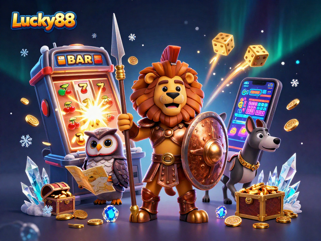 Experience explosive wins with Lucky88 at a vibrant casino scene bursting with 3D illustrations.
