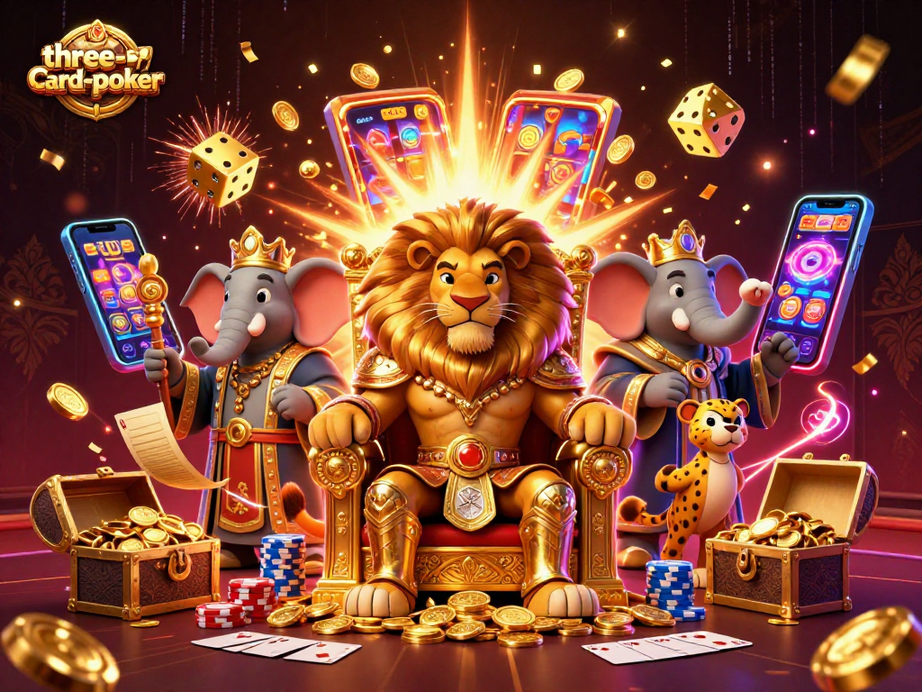 Experience the thrill of three-card-poker with poker tables, chip stacks, and gold coins in vibrant gameplay.