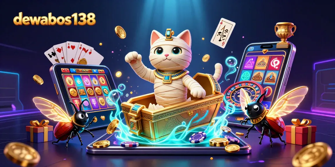 Spin to win with dewabos138 as the Egyptian mummy cat uncovers treasures in a vibrant casino scene.