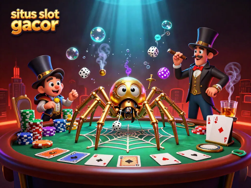 Engage with situs slot gacor through fun 3D illustration displaying steampunk elements and vibrant casino action.