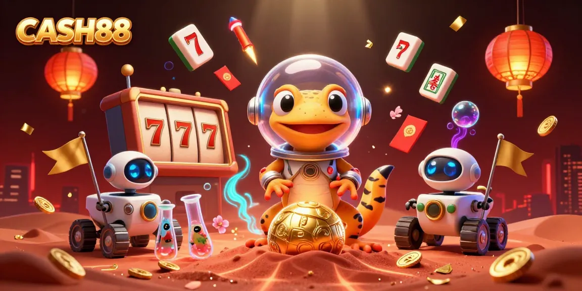 CASH88 platform showcases a cartoon Martian gecko navigating a golden casino amid festive elements.