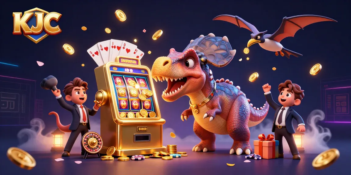 KJC engages players with a dynamic scene of a cartoon dinosaur winning at a slot machine, surrounded by vibrant casino elements.