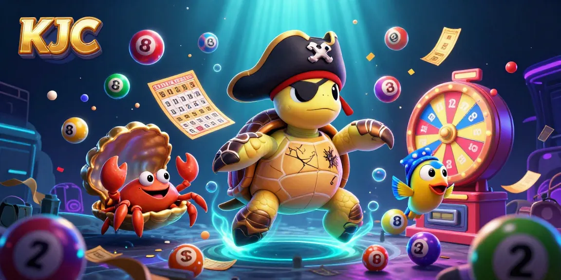 KJC showcases a vibrant scene with a cartoon pirate turtle and colorful lottery elements in a dynamic casino setting.