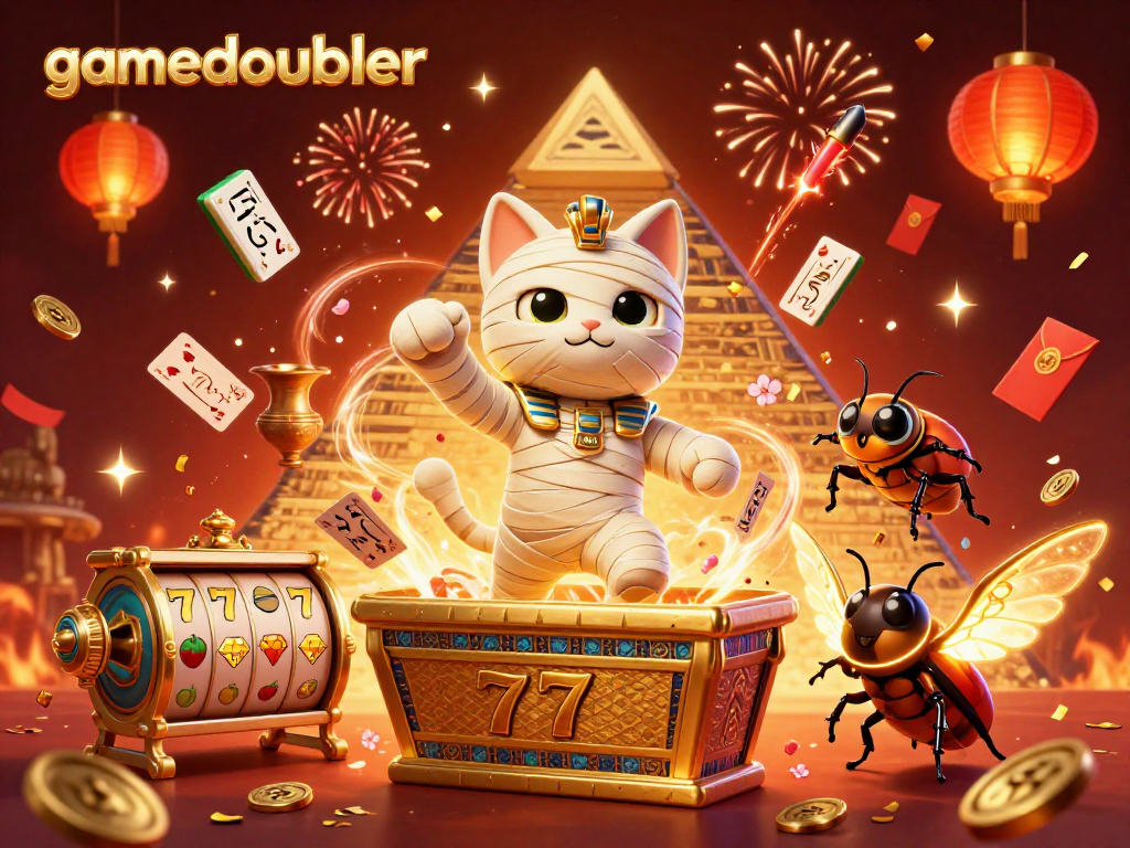 Experience thrilling wins with gamedoubler in the vibrant casino scene featuring excited characters and festive elements.