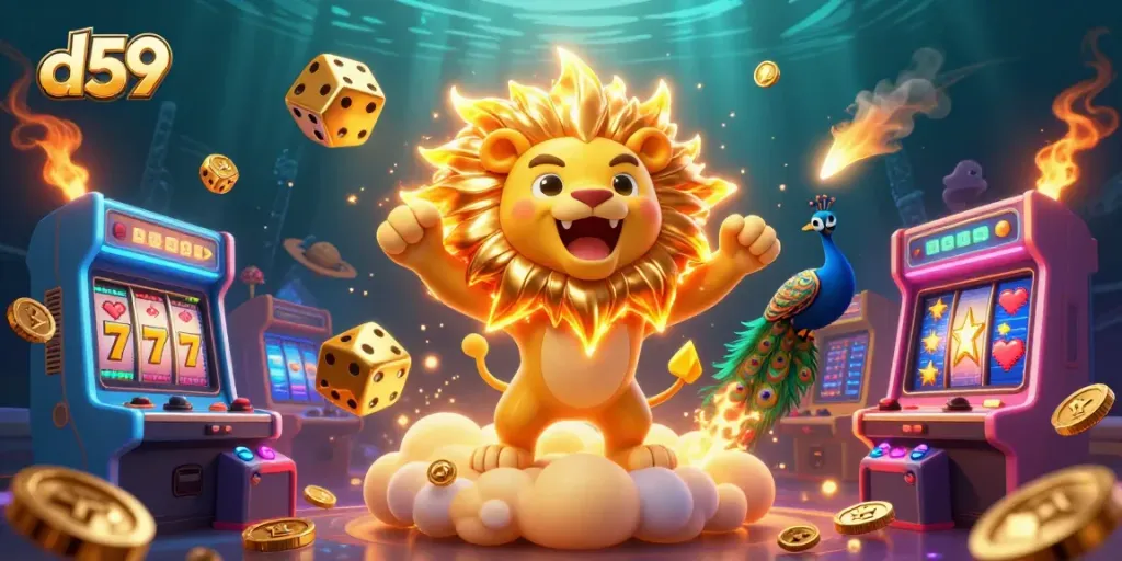 Engage with top d59 slots featuring a roaring lion surrounded by dazzling game elements and golden dice.