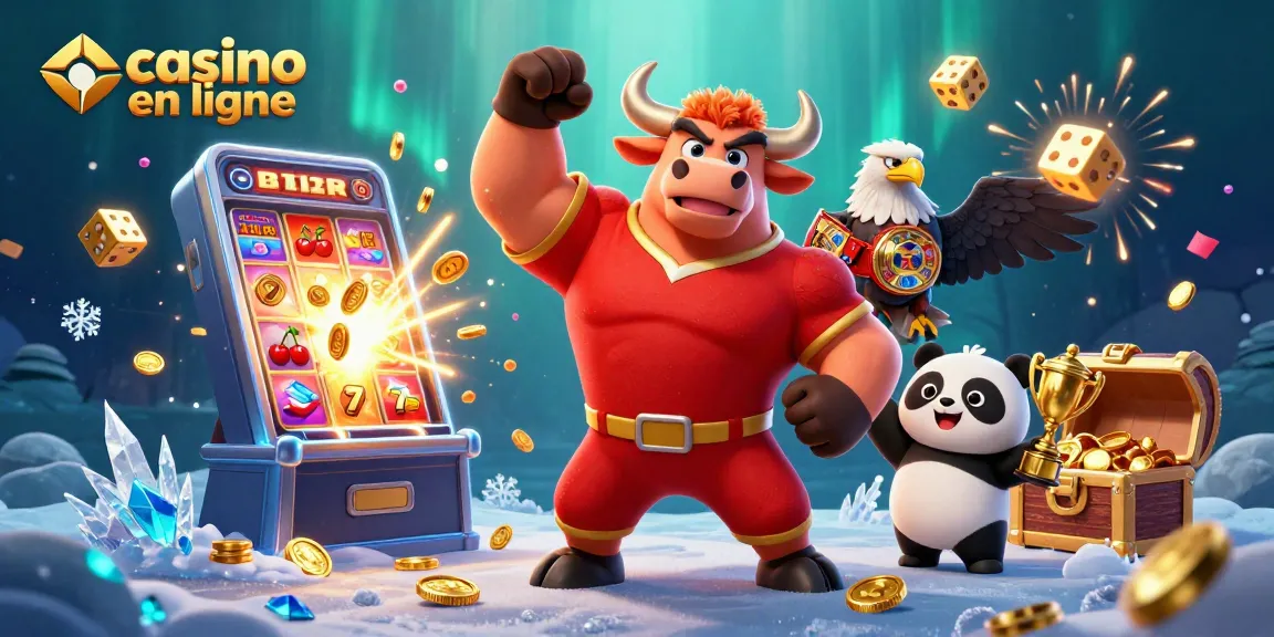 Venez tenter votre chance dans un casino en ligne avec une illustration 3D vibrante d'un taureau et un panda.