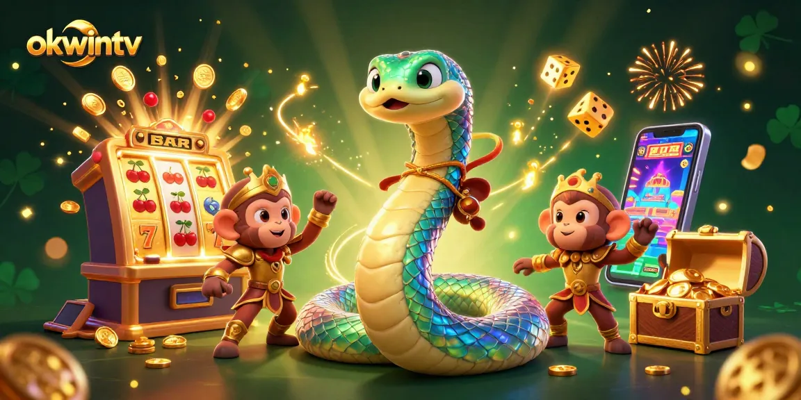 Experience vibrant gaming excitement with okwintv featuring a mystical serpent, monkey king, and dynamic casino elements.