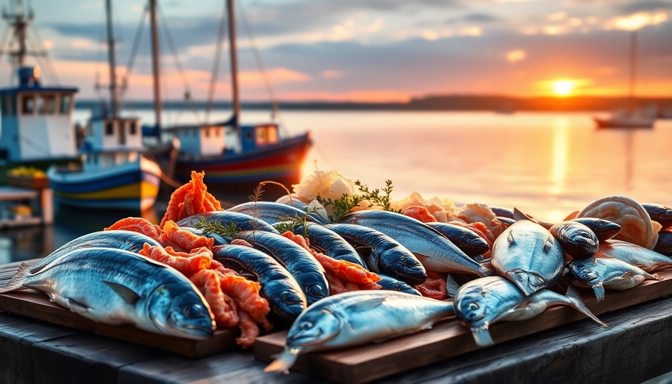 Showcasing a diverse range of premium seafood exporter products on a rustic wooden table.
