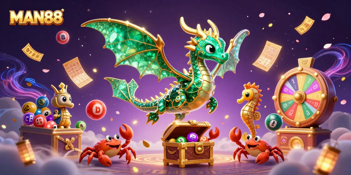 Engage with the world of MAN88, featuring a dazzling sea dragon and dynamic lottery elements.