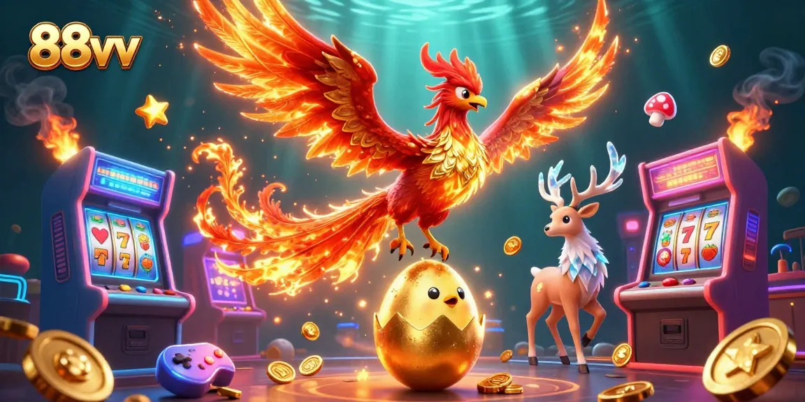 Experience 88vv with vibrant slots and magical phoenix in captivating 3D casino art.