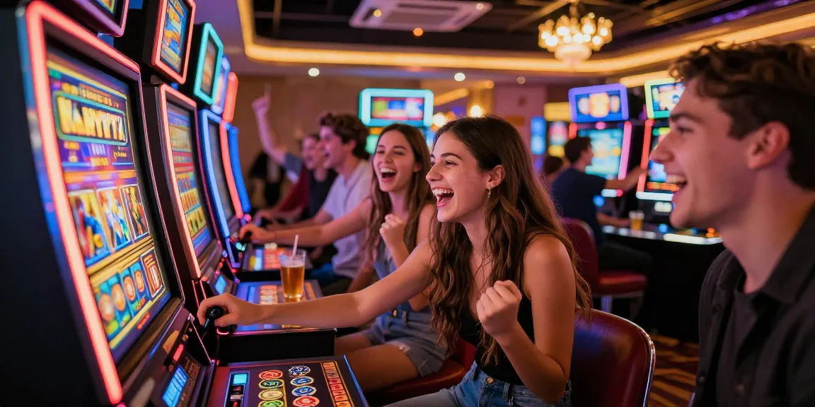 Permainan slot LUXURY777 di kasino dengan suasana penuh kegembiraan dan pencahayaan warna-warni.