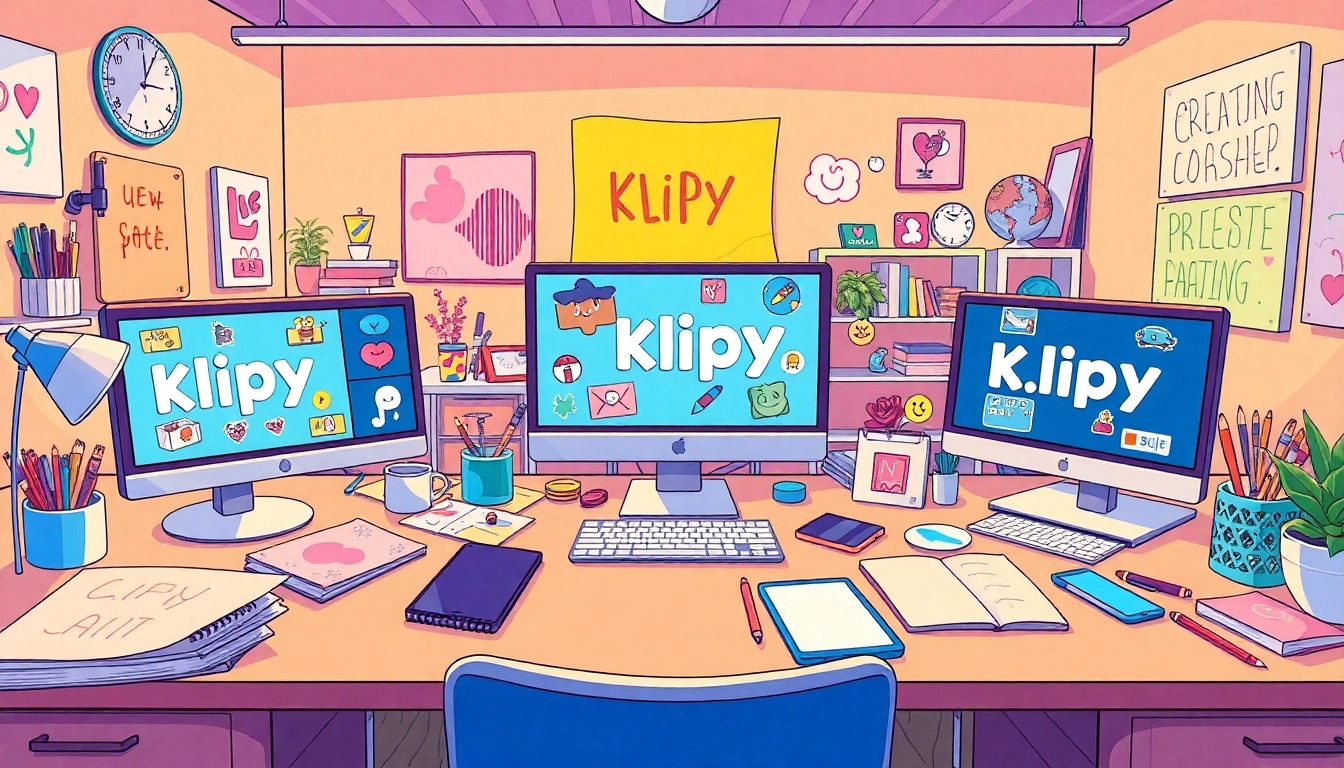 Klipy creative workspace displaying animated GIFs and stickers on bright screens.