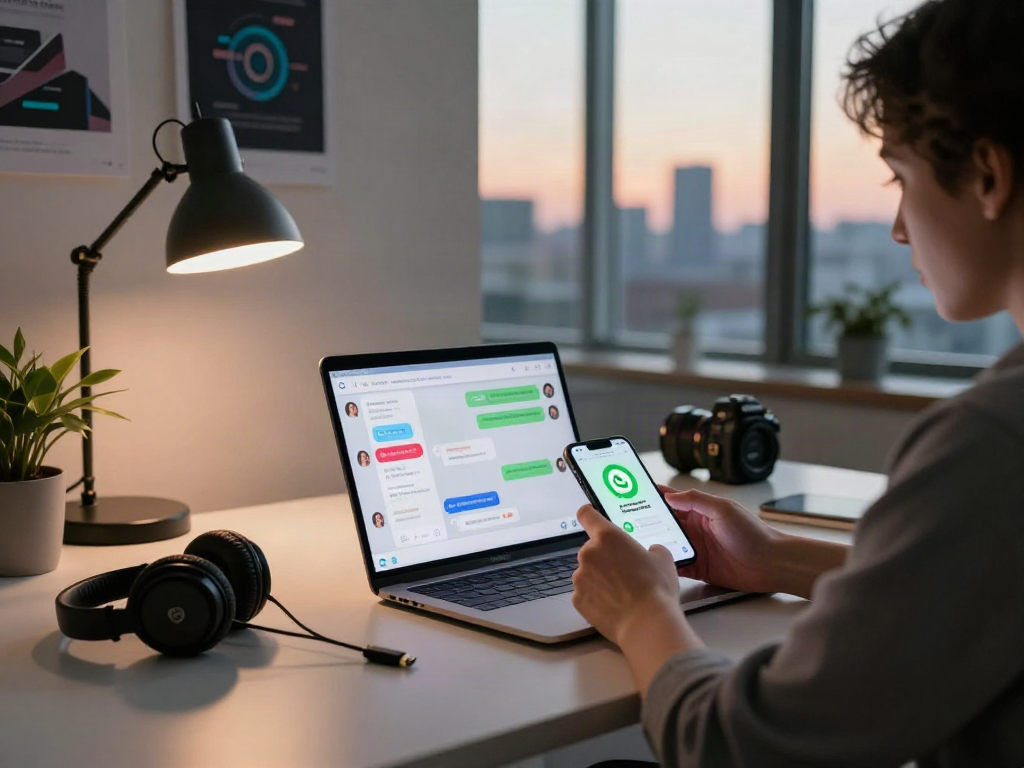 Using the gb whatsapp apk on a smartphone in a modern workspace.