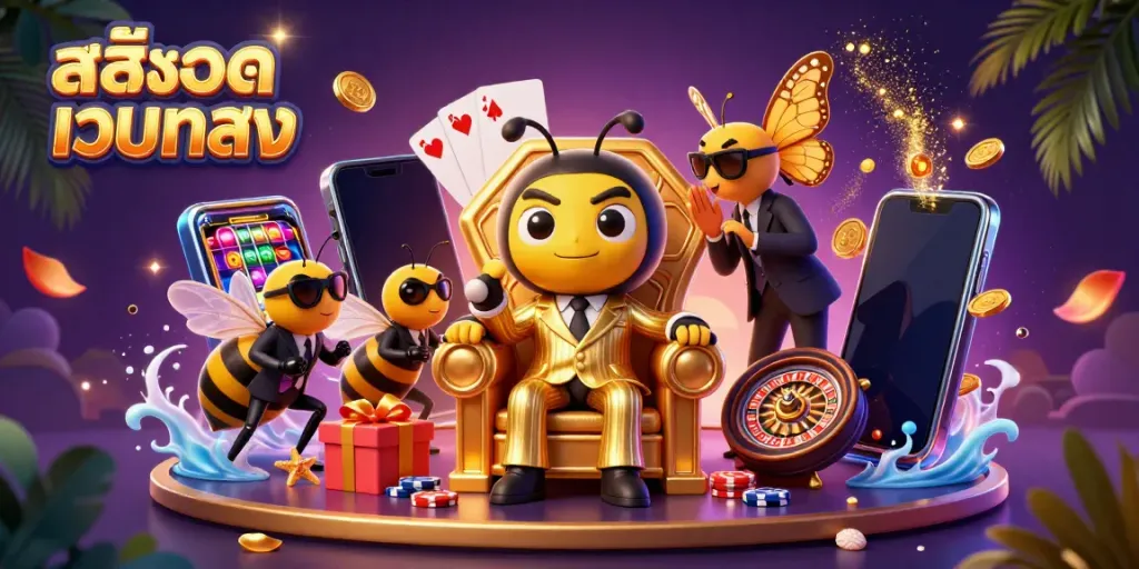 Engage with สล็อตเว็บตรง in an exciting 3D illustration featuring a bumblebee mob boss and his entourage, surrounded by vibrant casino elements.