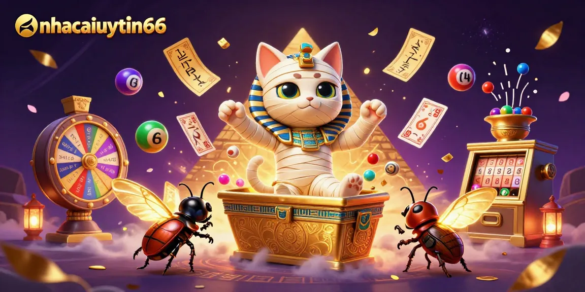 Play exciting games with nhacaiuytin66 as the Egyptian mummy cat bursts from a sarcophagus in a vibrant casino scene.