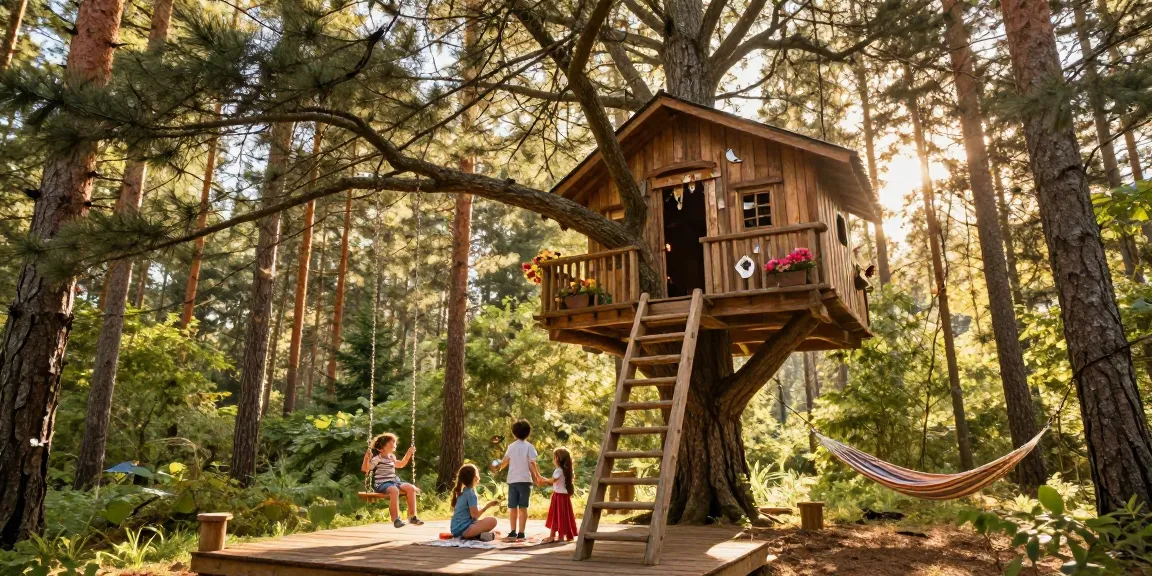 Charming treehouses nestled in a forest, family enjoying a picnic.