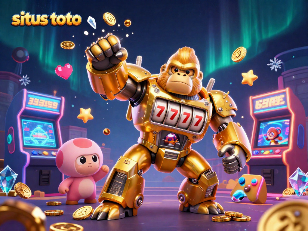Engage with situs toto through a vibrant 3D gaming scene featuring a golden gorilla mech and dynamic casino elements.