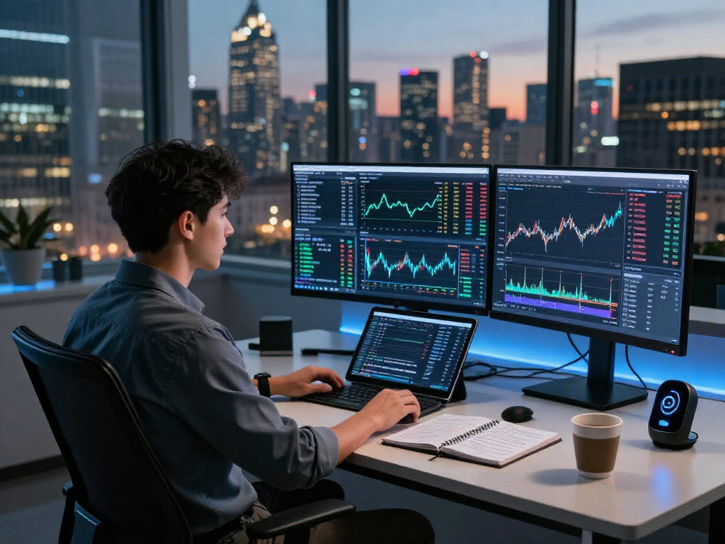 Escenario de trading digital con Immediate Edge y gráficos en múltiples pantallas.