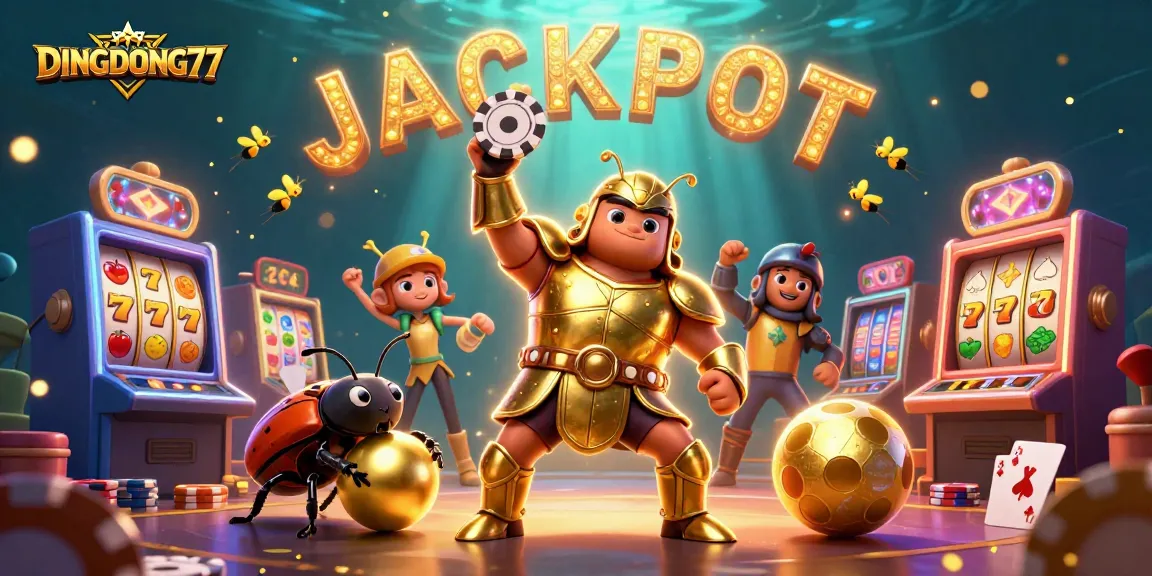 DINGDONG77 players celebrating a jackpot victory with 3D cartoon characters in a vibrant casino setting.