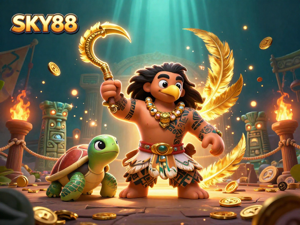 Engage your luck at SKY88 with thrilling tribal-themed casino artwork featuring vibrant visuals and action-packed elements.