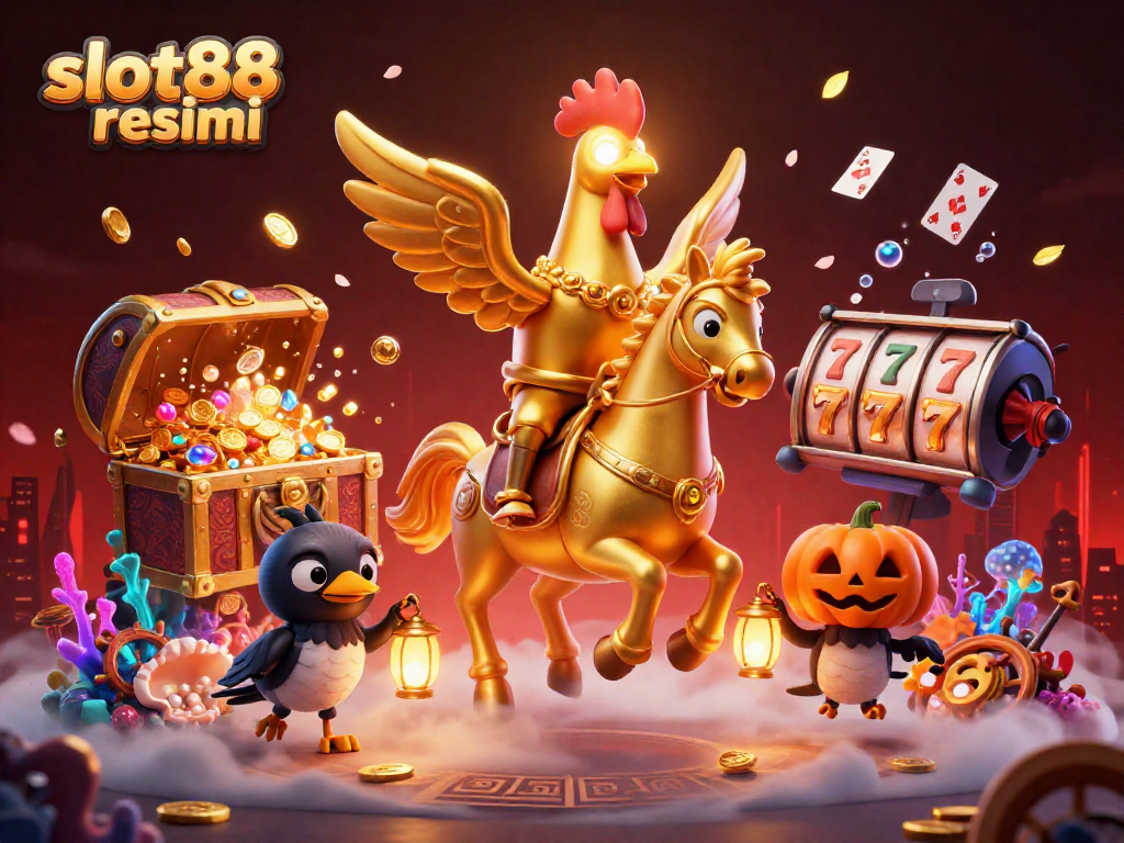 Engage in the thrilling world of slot88 resmi with a festive scene featuring a golden rooster, jackpot treasures, and mystical casino elements.