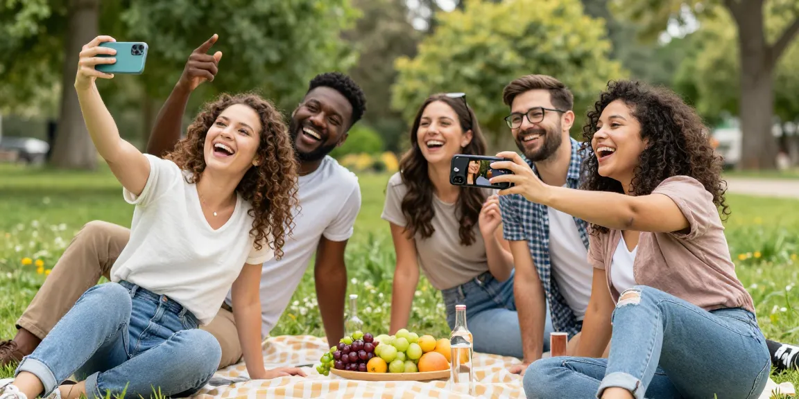 Group of friends comparing selfies to see how old do I look in a fun outdoor setting.