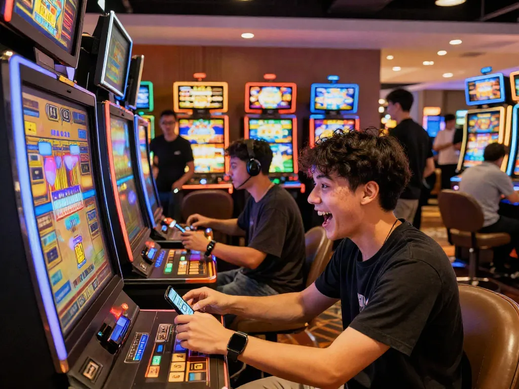 Gamer engaging with slot deposit QRIS on smartphone amidst vibrant casino atmosphere.